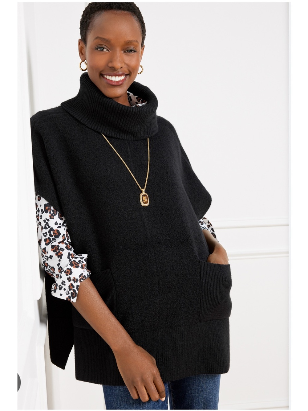 Talbots Women's Black Turtleneck Poncho Sweater M/L